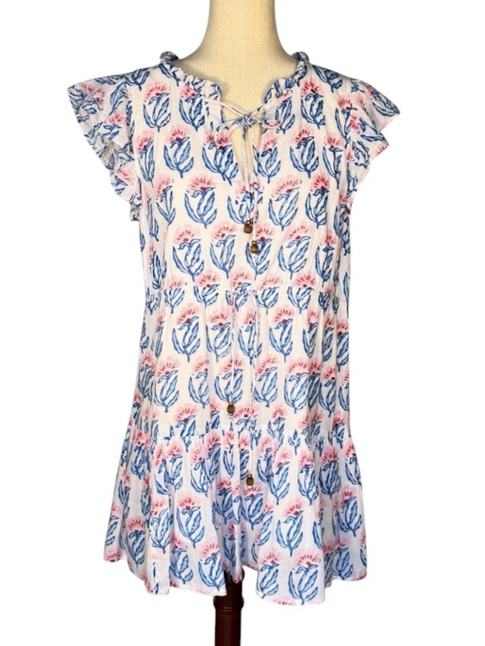 Oliphant Mini Soft Gauzy 100% Cotton Front Tie Neck Dress - Blue & Pink floral